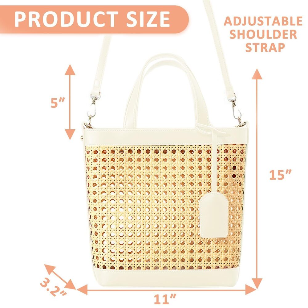 3842 Beach Bag, Bamboo Openwork Straw Bag Stitched Leather, With Adjustable - Picture 4 of 9